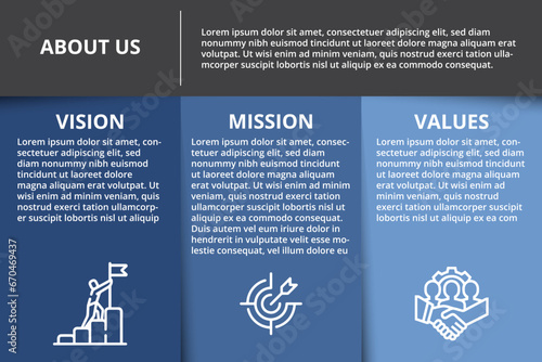 Vector Mission, vision and values diagram schema template with sample texts, about us infographic