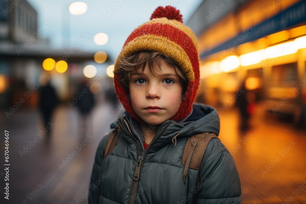 Portrait of a cute 7-year-old boy in a warm hat and jacket on the street. Portrait of a cute 7-year-old boy in a warm hat and jacket on the street.