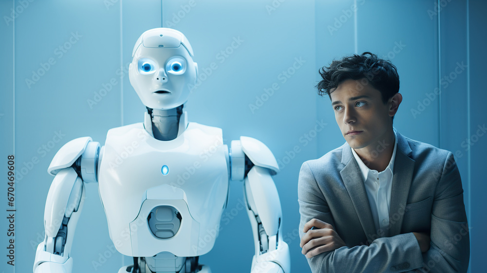 Obraz premium Concept of competition between humans and artificial intelligence robots