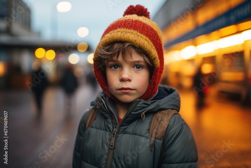 Portrait of a cute 7-year-old boy in a warm hat and jacket on the street.