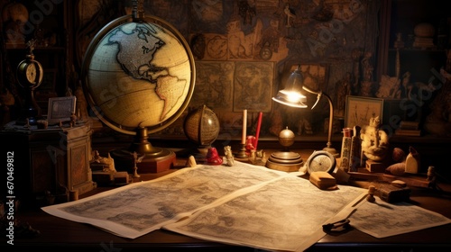 Geologist work desk. On his desk are: map case, geological hammer, compass, magnifying glass, drill core, rock samples, topographic and geological maps