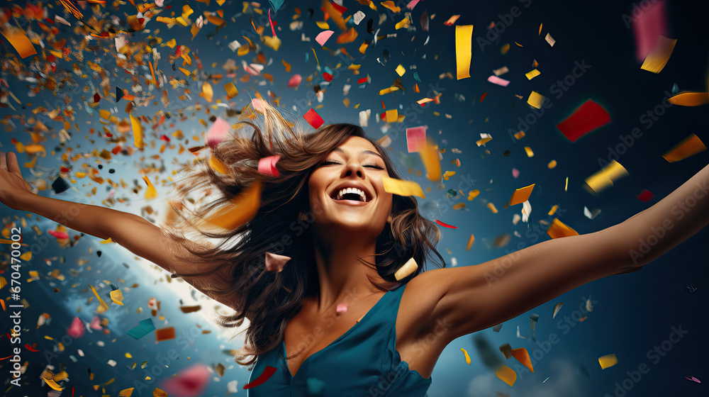 Obraz premium Portrait of a cheerful beautiful girl wearing dress standing standing under confetti rain and celebrating