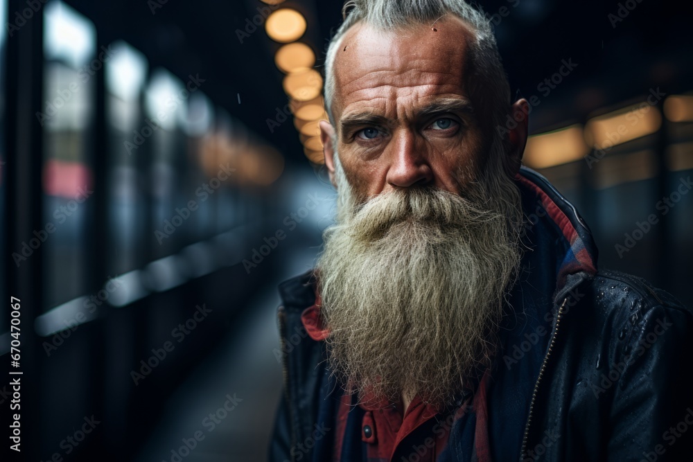 Portrait of an old man with long beard and mustache in the city Portrait of an old man with long beard and mustache in the city