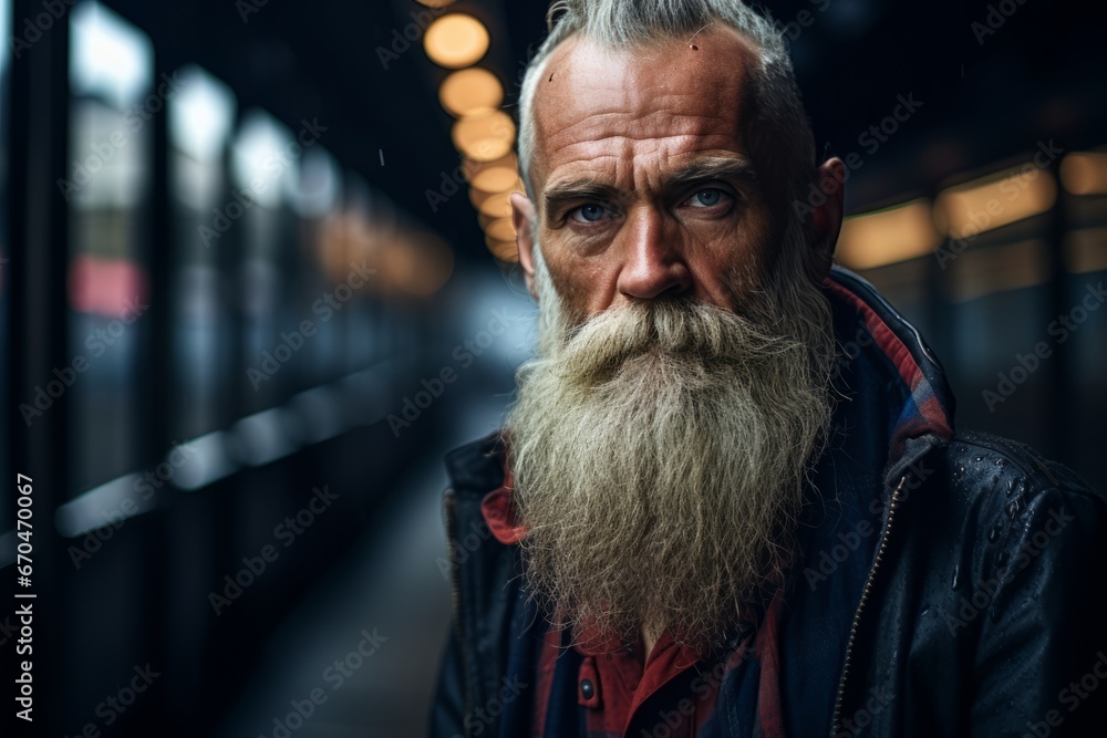 Portrait of an old man with long beard and mustache in the city