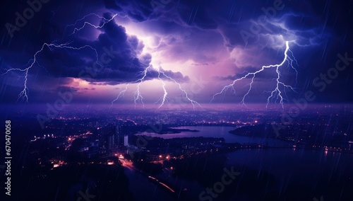 Realistic lightning bolts flashes composition with view of night city sky with clouds and thunderbolt illustration