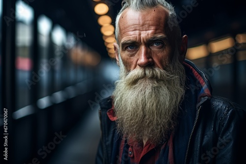 Portrait of an old man with long beard and mustache in the city