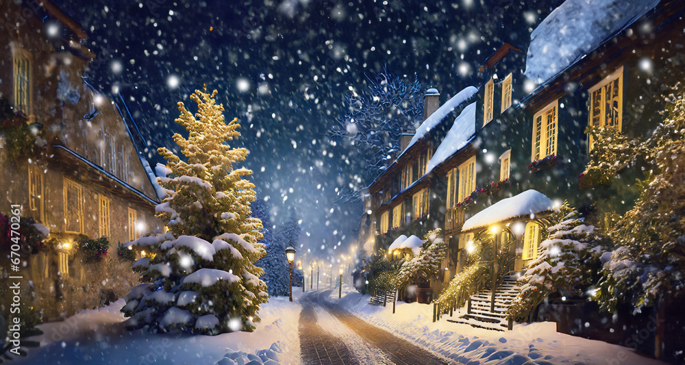 Street view with Christmas tree and snow on a winter night Street view with Christmas tree and snow on a winter night
