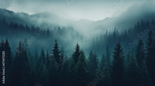 Misty forest with mountains background in vintage retro style, desktop wallpaper. Generative AI © Khoi Dang