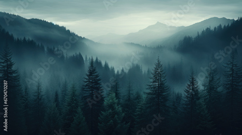 Misty forest with mountains background in vintage retro style  desktop wallpaper. Generative AI