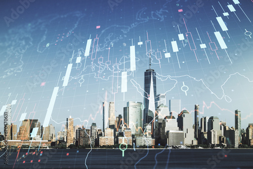 Multi exposure of abstract financial diagram and world map on Manhattan office buildings background, banking and accounting concept