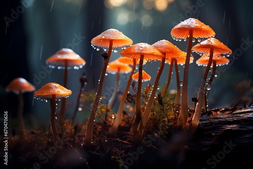 illustration of morning dew on glowing mushrooms, Generative ai