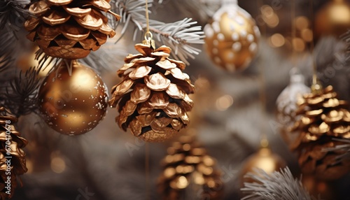 christmas tree with gold pinecones, flickering light, blink-and-you-miss-it detail