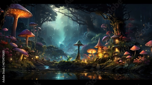 Enchanted forest glows with luminescent mushrooms, serene stream, and magical flora under a twilight canopy. © Juan
