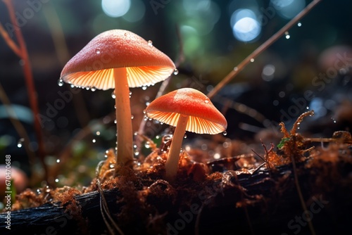 illustration of morning dew on glowing mushrooms, Generative ai