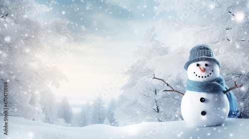 Panoramic view of happy snowman in winter secenery with copy space, generative ai © Nia™