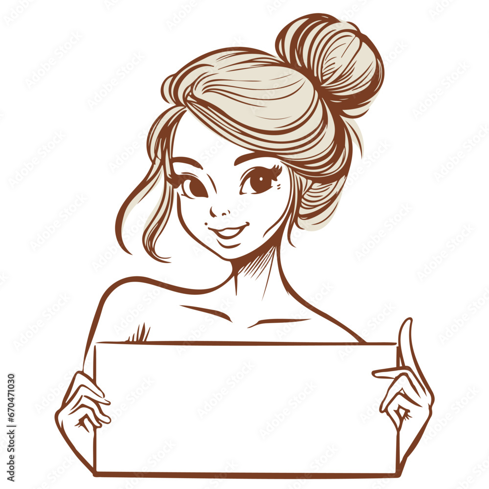 Cartoon girl holding a blank sheet of paper. Sketch of a girl. Space for text. Cartoon girl holding a blank sheet of paper. Sketch of a girl. Space for text.