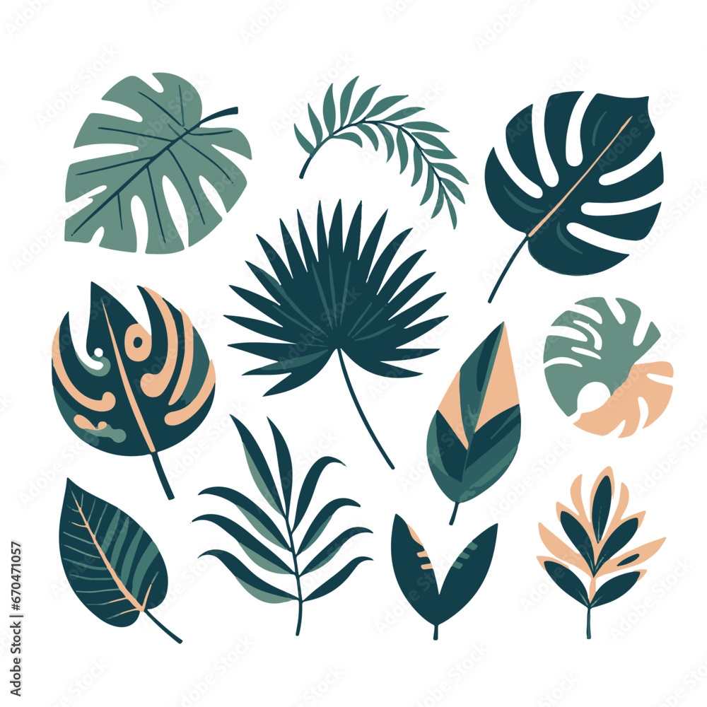 A set of tropical leaves in a flat style. A set of tropical leaves in a flat style.