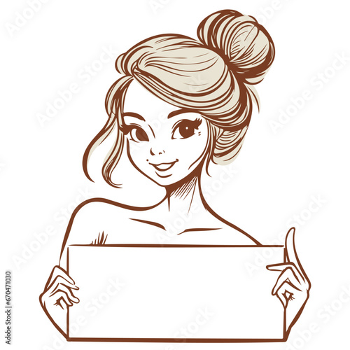 Cartoon girl holding a blank sheet of paper. Sketch of a girl. Space for text.
