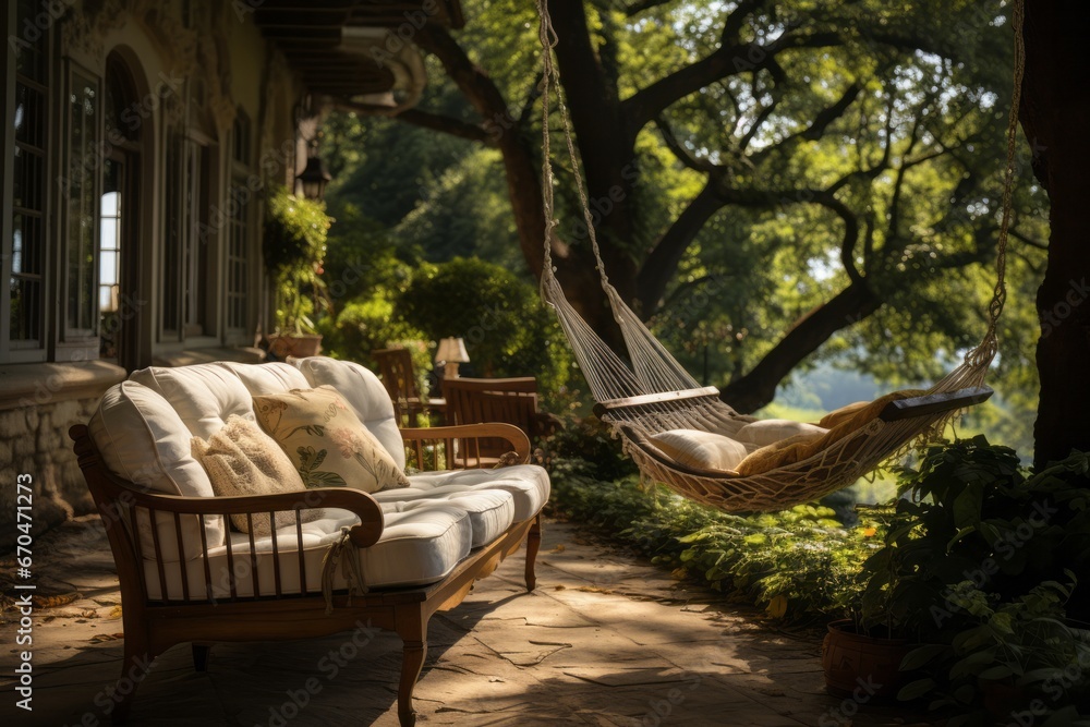 Backyard hammock swaying gently under the shade of trees, Generative AI