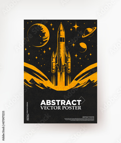 A space poster with a flying rocket on a background of stars.