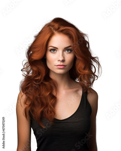 close-up of a woman, red hair, tank top, transparent background