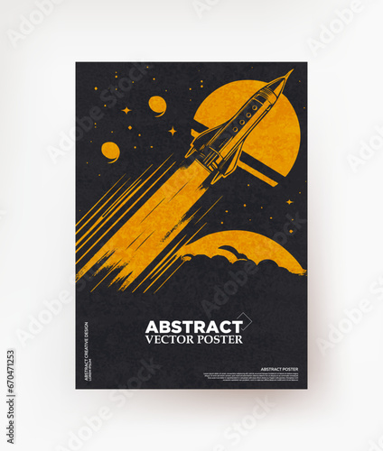 A space poster with a flying rocket on a background of stars.