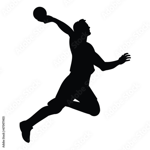 Black silhouette of high-jumping professional handball player who flies in a jump and throws the ball at the target