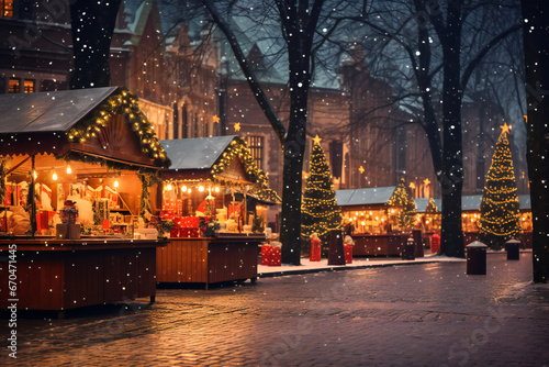 Beautiful romantic Christmas market in an old European city in the night
