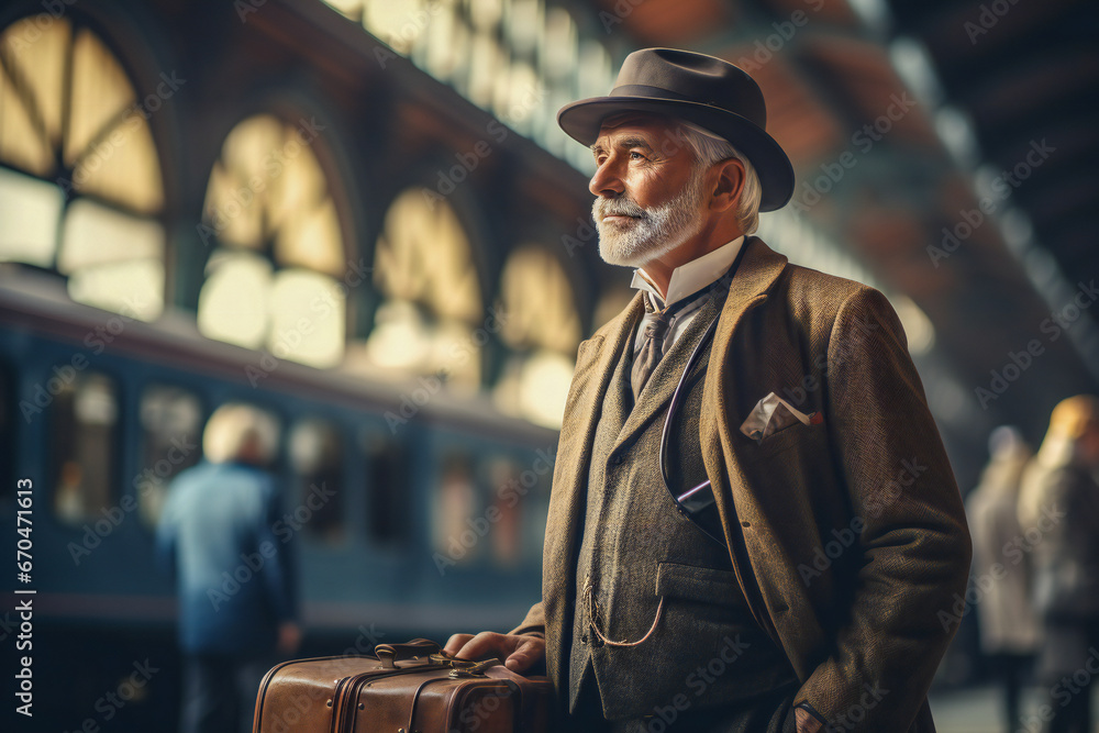 An old man in an old train station, waiting for the train