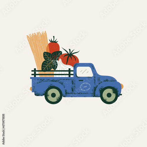 Italian pasta ingredients. Delivery colored design template. Classic vintage pickup truck with food. Vector illustration