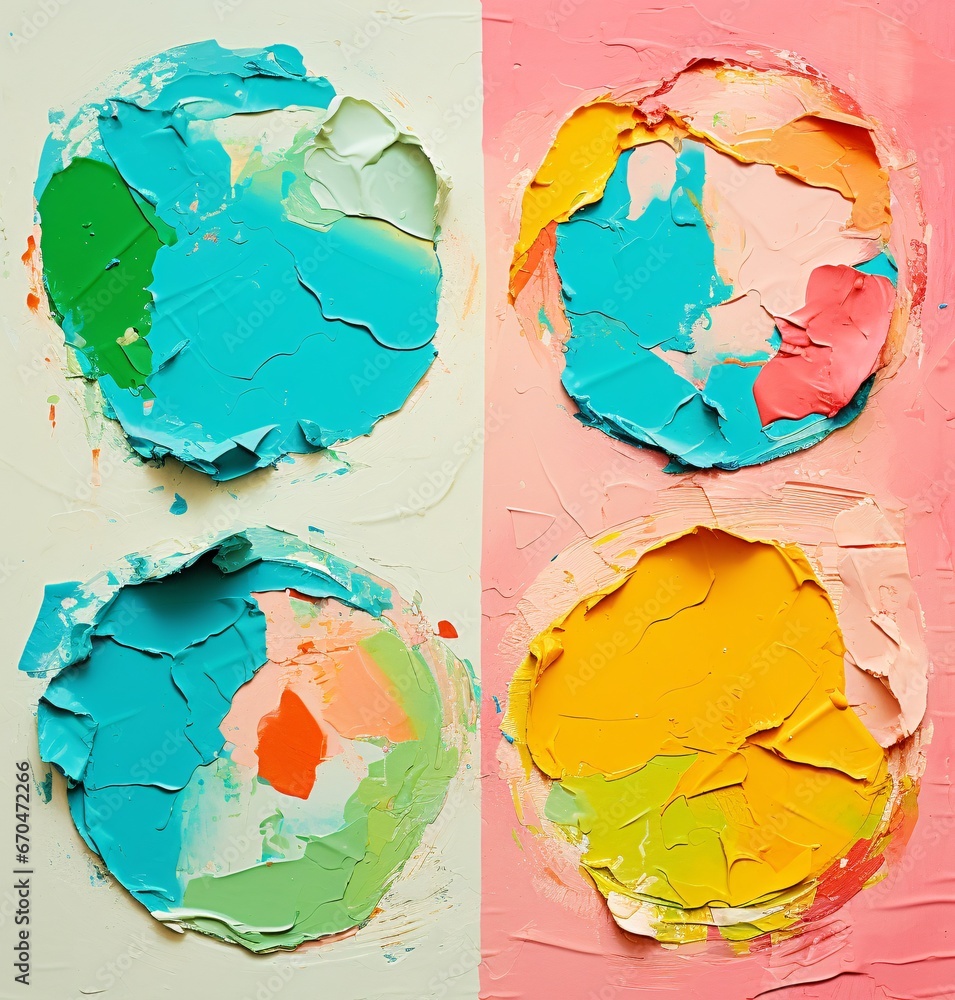 Naklejka premium four different colored paper circles in various ways, torn, distressed edges, contemporary candy-coated