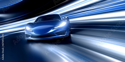 Futuristic blue sport car on defocused background. Copy space. Web, banner, abstract backdrop. Speed, auto, race concept. Unbranded automobile. AI generated digital design.  © Maroubra Lab