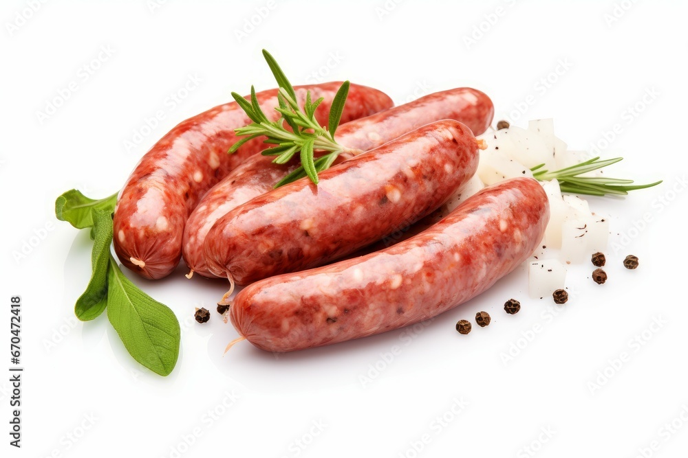 Tasty cut homemade sausage garlic peppercorns isolated. Cutting rustic meat food. Generate Ai