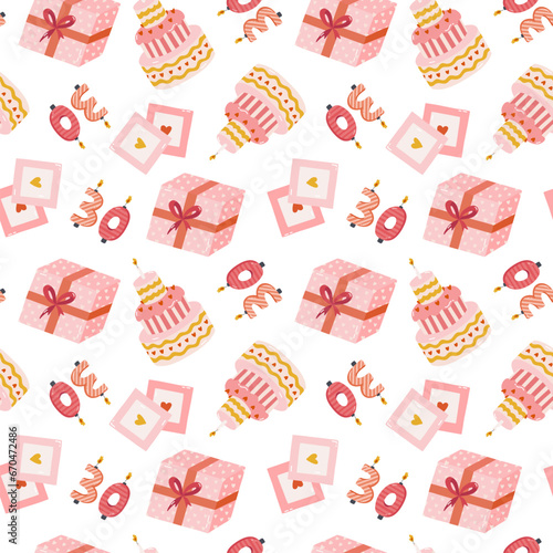 Seamless pattern with birthday cake, number candle, retro photo, gift box in cute doodle style. Bright festive background with holiday clipart for wrapping paper, print, fabric, scrapbook.