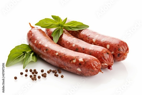 Tasty cut homemade sausage garlic peppercorns on white background. Rural country cuisine food. Generate Ai