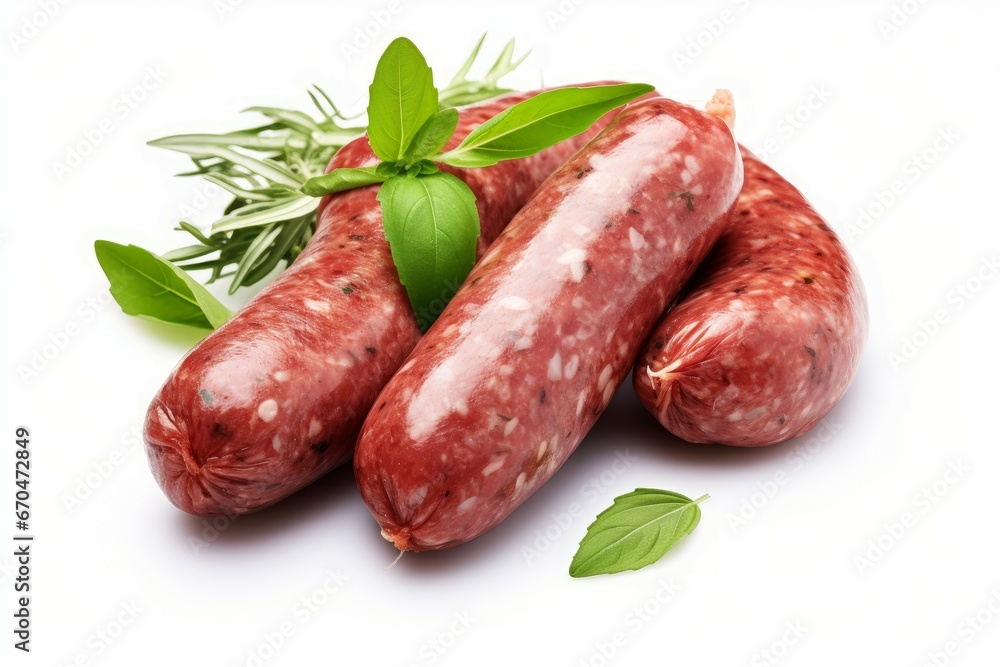 Tasty cut homemade sausage garlic peppercorns with mint leaves. Food snack meal. Generate Ai