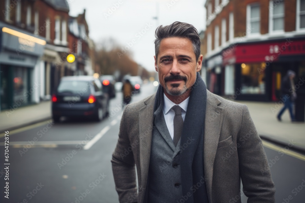 Portrait of a handsome middle aged man in a business suit on a city street.