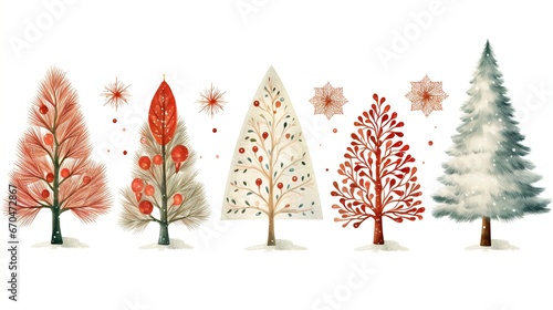 Christmas watercolor trees on white background. Generative AI