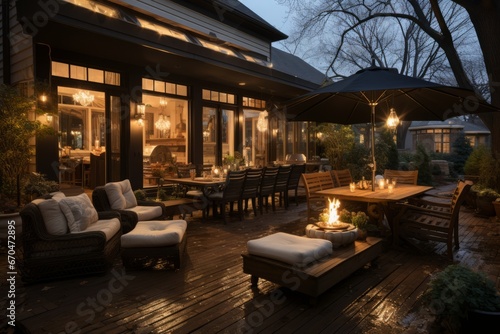  Cozy backyard patio with comfortable outdoor seating, Generative AI
