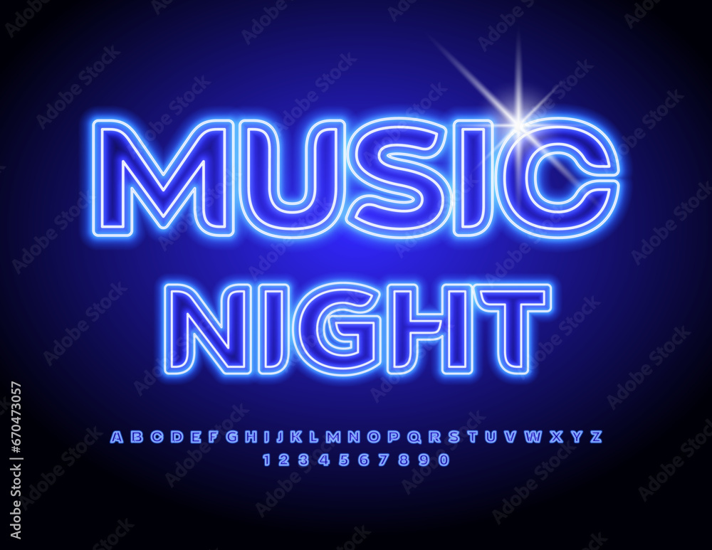 Vector advertising Banner Music Night. Blue Glowing Font. Neon Alphabet Letters, Numbers and Symbols