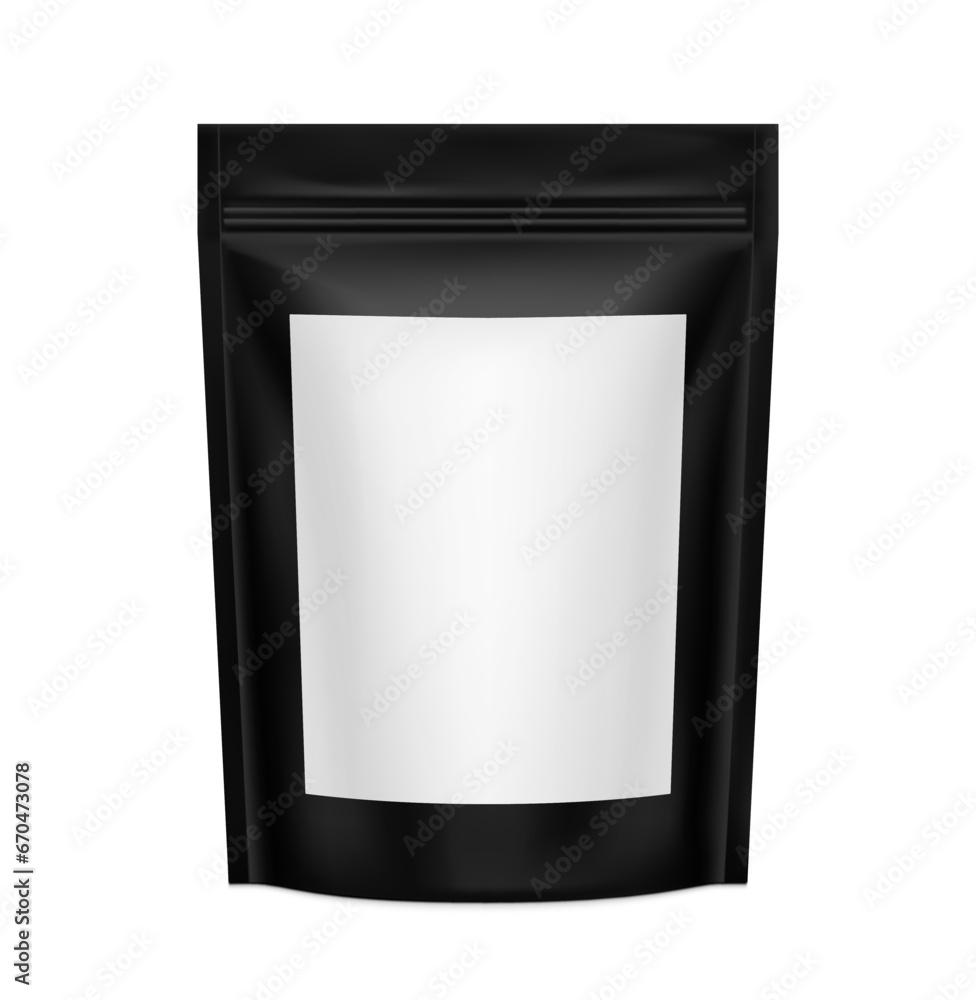 Fototapeta premium Black pouch bag mockup. Front view. Vector illustration isolated on white background. Screen mode overlay, it's easy to make a realistic mockup of your product. EPS10.