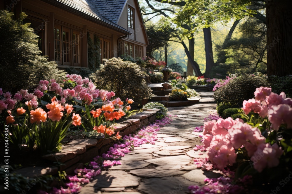 Lush backyard garden in full bloom during spring, Generative AI