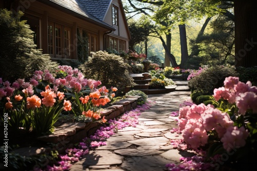 Wallpaper Mural Lush backyard garden in full bloom during spring, Generative AI Torontodigital.ca