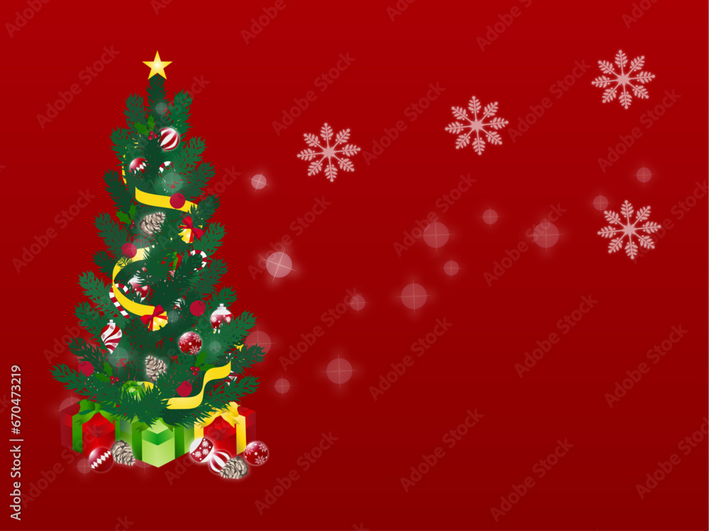 背景が赤いクリスマスツリーとクリスマスプレゼントのデザイン 背景が赤いクリスマスツリーとクリスマスプレゼントのデザイン