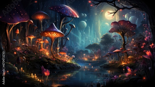 Enchanted forest glows with luminescent mushrooms, serene stream, and magical flora under a twilight canopy. © Juan