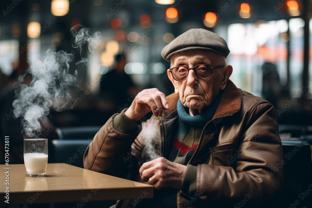 Elderly man sitting in a cafe and smoking a cigarette. Elderly man sitting in a cafe and smoking a cigarette.