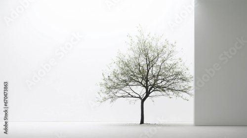 An Isolated Tree in a Clean White Room With Copy Space