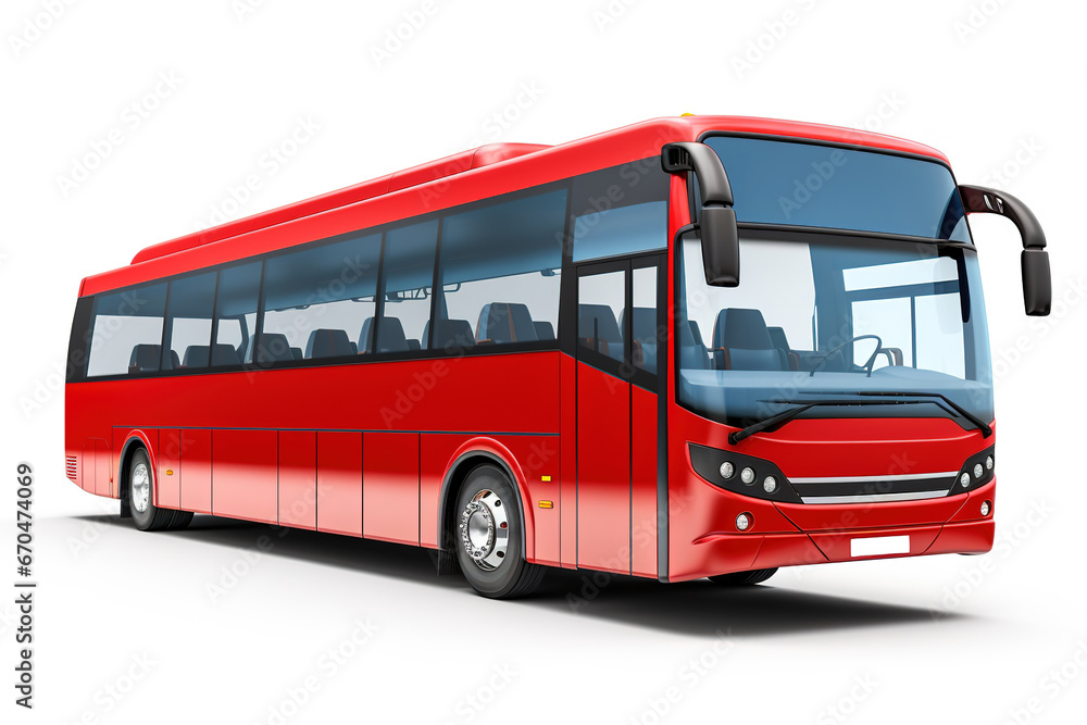 Modern red long distance bus isolated on white background.
