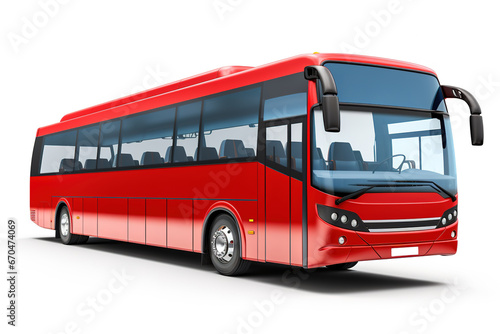 Modern red long distance bus isolated on white background.
