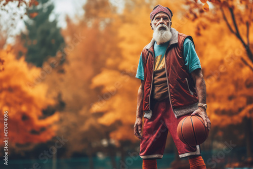 Autumn colorful concept with older man playing basketball outside in the nature.